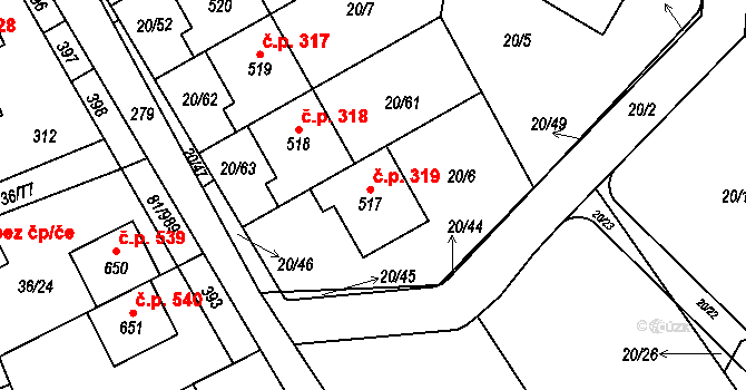 Nupaky 319 na parcele st. 517 v KÚ Nupaky, Katastrální mapa