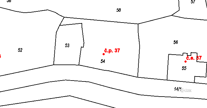 Dolní Chřibská 37, Chřibská na parcele st. 54 v KÚ Dolní Chřibská, Katastrální mapa