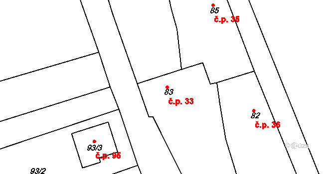 Klečůvka 33, Zlín na parcele st. 83 v KÚ Klečůvka, Katastrální mapa