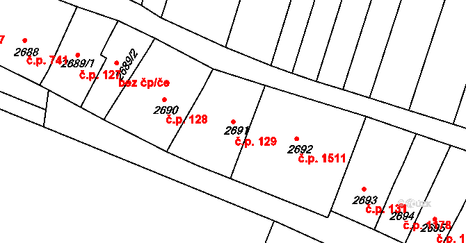 Kunovice 129 na parcele st. 2691 v KÚ Kunovice u Uherského Hradiště, Katastrální mapa