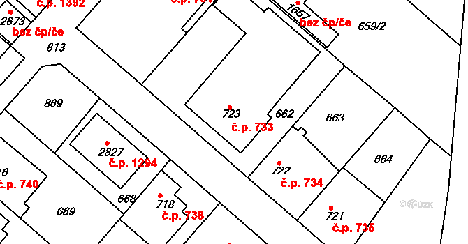 Neratovice 733 na parcele st. 723 v KÚ Neratovice, Katastrální mapa