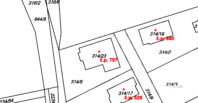 Lipence 797, Praha na parcele st. 314/23 v KÚ Lipence, Katastrální mapa