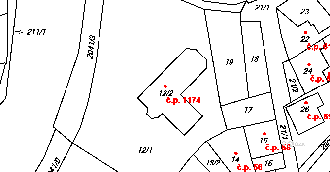 Jablunkov 1174 na parcele st. 12/2 v KÚ Jablunkov, Katastrální mapa