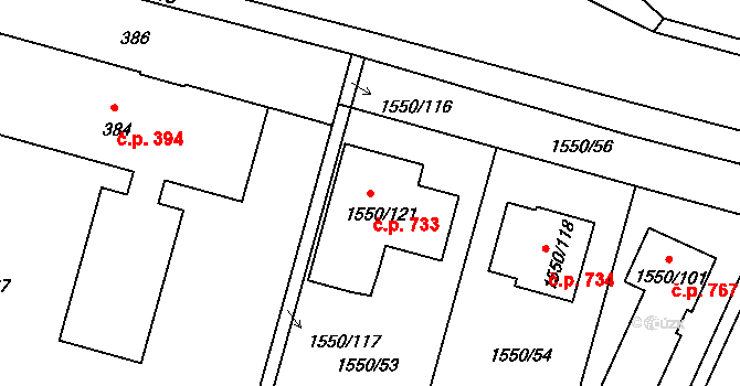 Miřetice u Klášterce nad Ohří 733, Klášterec nad Ohří na parcele st. 1550/121 v KÚ Miřetice u Klášterce nad Ohří, Katastrální mapa
