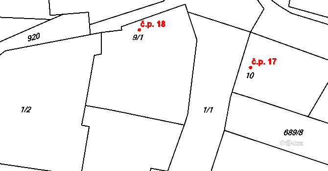 Nuzín 18, Čestice na parcele st. 9/1 v KÚ Nuzín, Katastrální mapa