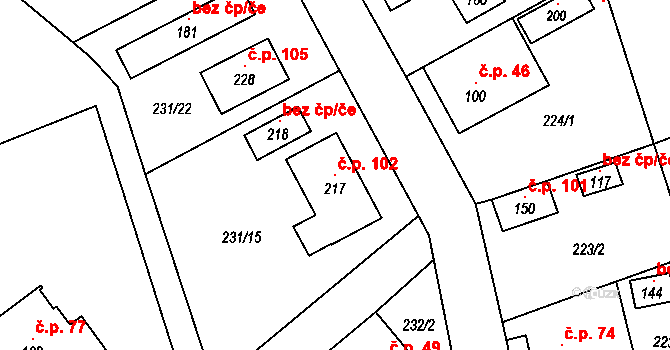 Žirecká Podstráň 102, Dvůr Králové nad Labem na parcele st. 217 v KÚ Žirecká Podstráň, Katastrální mapa