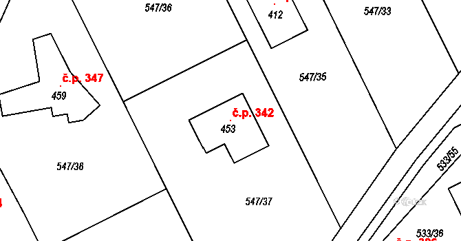 Unčín 342, Krupka na parcele st. 453 v KÚ Unčín u Krupky, Katastrální mapa