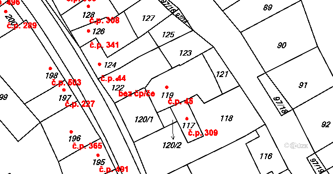 Koryčany 45 na parcele st. 119 v KÚ Koryčany, Katastrální mapa
