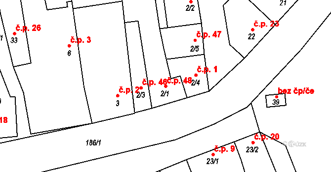 Poličky 48, Doloplazy na parcele st. 2/1 v KÚ Poličky, Katastrální mapa