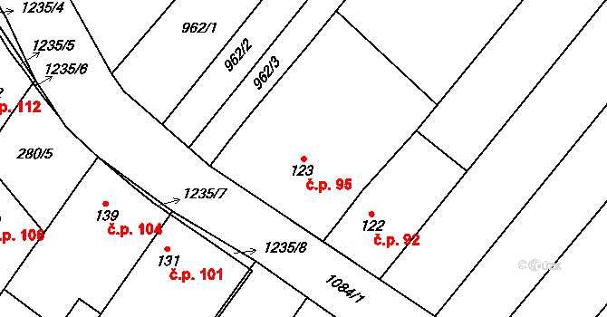 Raková u Konice 95 na parcele st. 123 v KÚ Raková u Konice, Katastrální mapa