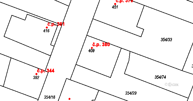 Rožďalovice 380 na parcele st. 409 v KÚ Rožďalovice, Katastrální mapa