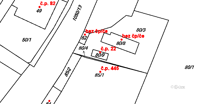 Krmelín 22 na parcele st. 80/9 v KÚ Krmelín, Katastrální mapa