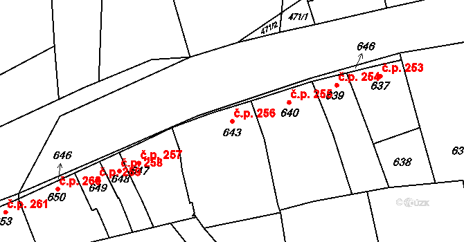 Čertoryje 256, Charváty na parcele st. 643 v KÚ Charváty, Katastrální mapa