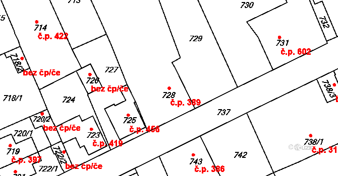 Štětí 389 na parcele st. 728 v KÚ Štětí I, Katastrální mapa