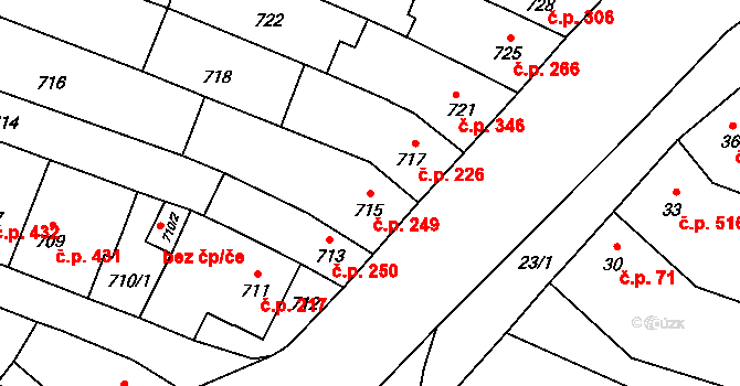 Tuřany 249, Brno na parcele st. 715 v KÚ Tuřany, Katastrální mapa