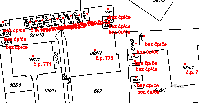 Teplice 772 na parcele st. 688/1 v KÚ Teplice, Katastrální mapa