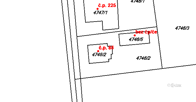 Lískovec 85, Frýdek-Místek na parcele st. 4748/2 v KÚ Lískovec u Frýdku-Místku, Katastrální mapa