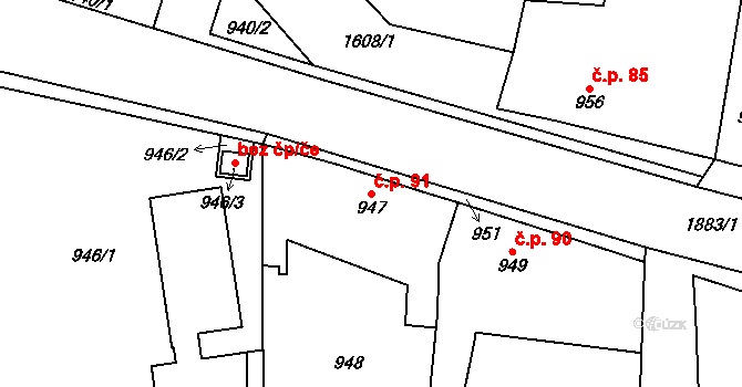 Dubeč 91, Praha na parcele st. 947 v KÚ Dubeč, Katastrální mapa