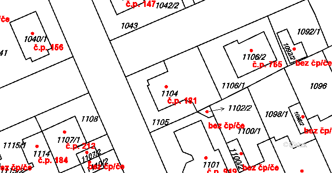 Černice 181, Plzeň na parcele st. 1104 v KÚ Bručná, Katastrální mapa