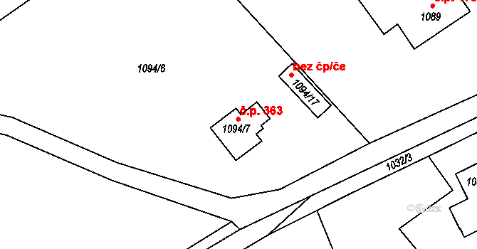 Olomučany 363 na parcele st. 1094/7 v KÚ Olomučany, Katastrální mapa