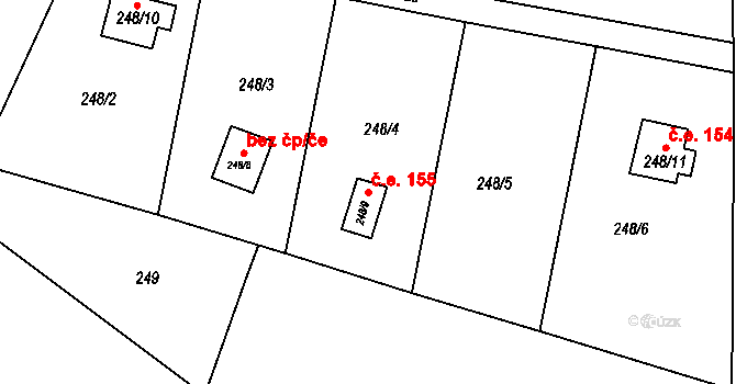 Kozlany 155 na parcele st. 248/9 v KÚ Kozlany, Katastrální mapa