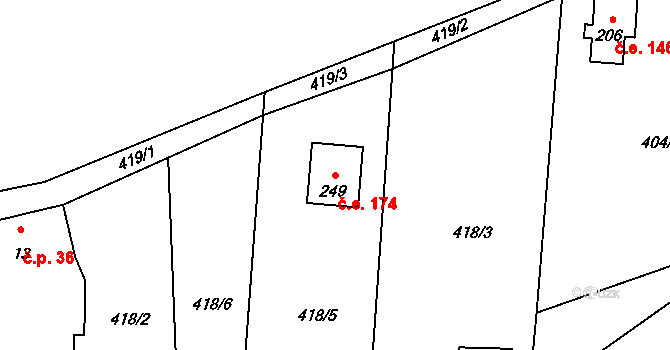 Roudná 174 na parcele st. 249 v KÚ Roudná nad Lužnicí, Katastrální mapa