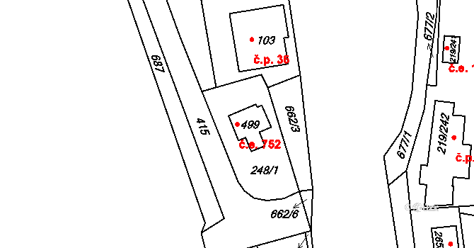 Vrané nad Vltavou 752 na parcele st. 499 v KÚ Vrané nad Vltavou, Katastrální mapa