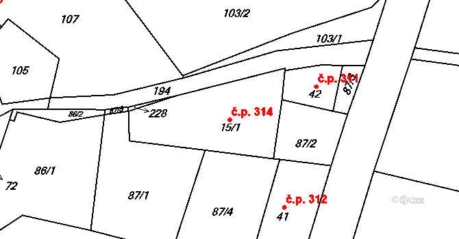 Kocanda 314, Herálec na parcele st. 15/1 v KÚ Kocanda, Katastrální mapa