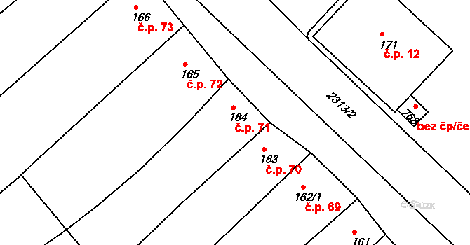 Křižanov 71 na parcele st. 164 v KÚ Křižanov, Katastrální mapa