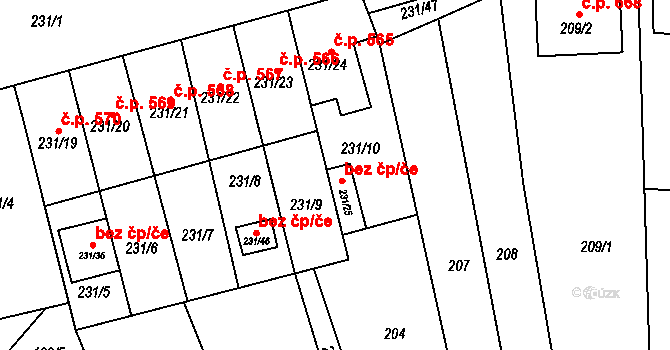 Blučina 46052747 na parcele st. 231/25 v KÚ Blučina, Katastrální mapa