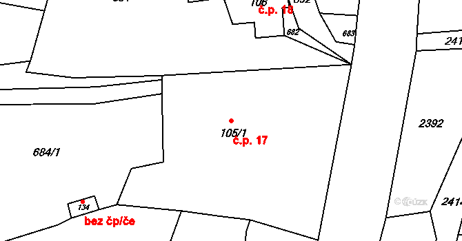 Lesné 17, Jiřetín pod Jedlovou na parcele st. 105/1 v KÚ Rozhled, Katastrální mapa