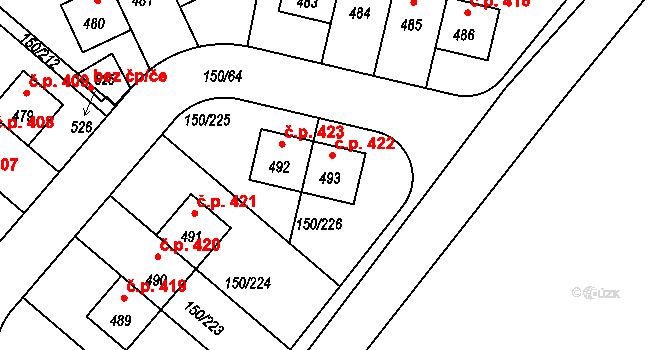 Mratín 422 na parcele st. 493 v KÚ Mratín, Katastrální mapa