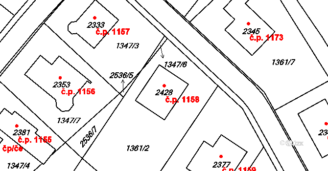 Pacov 1158 na parcele st. 2428 v KÚ Pacov, Katastrální mapa