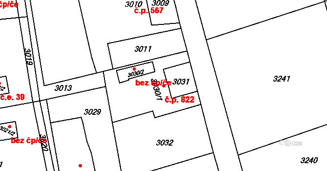 Doubrava 822 na parcele st. 3030/1 v KÚ Doubrava u Orlové, Katastrální mapa
