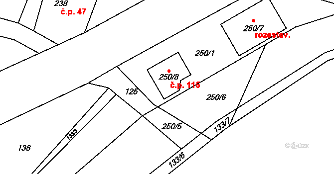 Horní Částkov 115, Habartov na parcele st. 250/8 v KÚ Horní Částkov, Katastrální mapa
