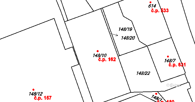 Humpolec 162 na parcele st. 148/10 v KÚ Humpolec, Katastrální mapa