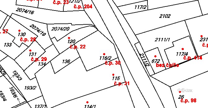 Merklín 30 na parcele st. 116/2 v KÚ Merklín u Přeštic, Katastrální mapa