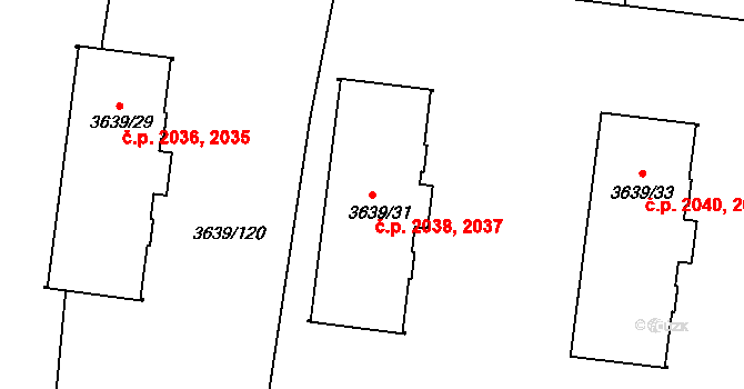 Louny 2037,2038 na parcele st. 3639/31 v KÚ Louny, Katastrální mapa