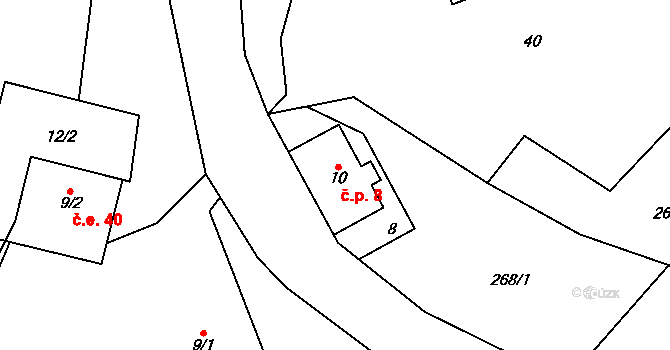 Debrné 8, Mostek na parcele st. 10 v KÚ Debrné u Mostku, Katastrální mapa