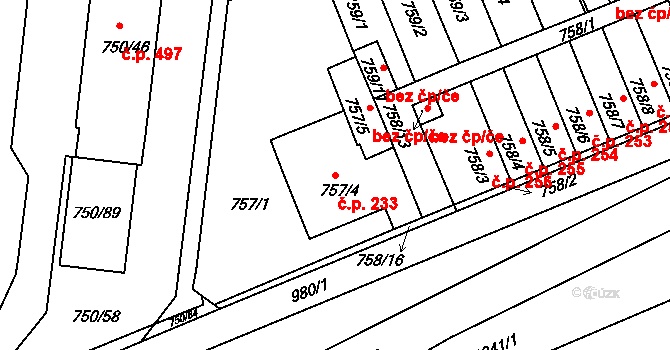 Všetuly 233, Holešov na parcele st. 757/4 v KÚ Všetuly, Katastrální mapa