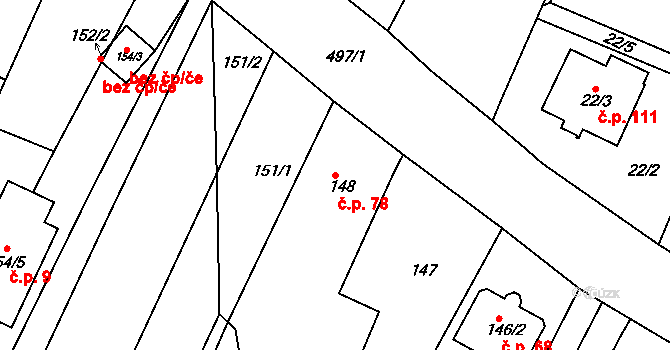 Načeratice 78, Znojmo na parcele st. 148 v KÚ Načeratice, Katastrální mapa