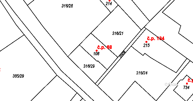 Řež 68, Husinec na parcele st. 108 v KÚ Husinec u Řeže, Katastrální mapa