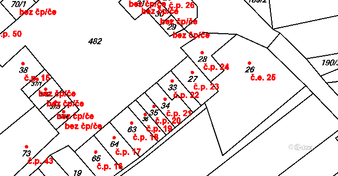 Újezdsko 22, Kostelany na parcele st. 33 v KÚ Újezdsko, Katastrální mapa