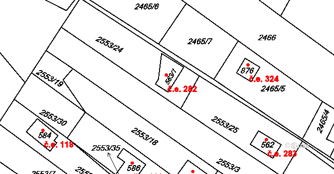 Rusava 282 na parcele st. 563/1 v KÚ Rusava, Katastrální mapa