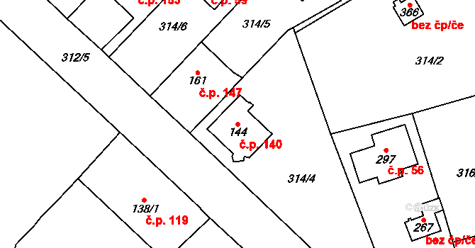 Střelná 140, Košťany na parcele st. 144 v KÚ Střelná, Katastrální mapa