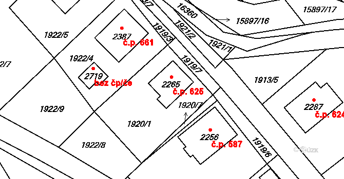 Hovězí 625 na parcele st. 2265 v KÚ Hovězí, Katastrální mapa