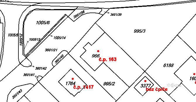 Rožnov pod Radhoštěm 163 na parcele st. 966/1 v KÚ Rožnov pod Radhoštěm, Katastrální mapa