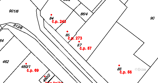 Milovice 57 na parcele st. 87 v KÚ Milovice nad Labem, Katastrální mapa