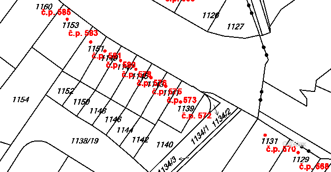 Komín 573, Brno na parcele st. 1141 v KÚ Komín, Katastrální mapa