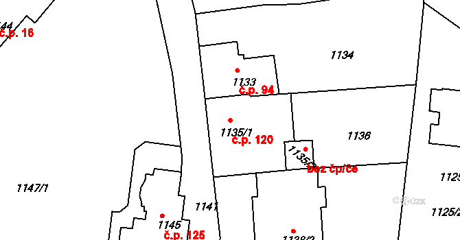 Dubí 120 na parcele st. 1135/1 v KÚ Dubí u Teplic, Katastrální mapa